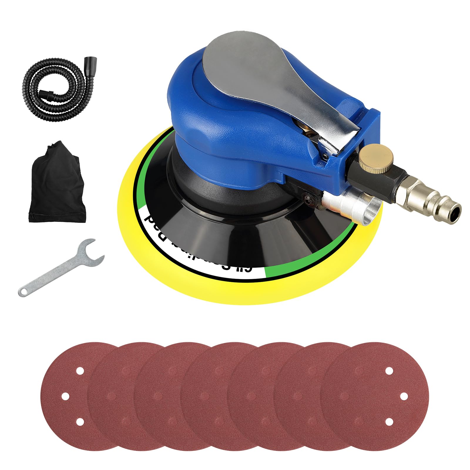Uten 6" Air Random Orbital Sander Dual Action Pneumatic Palm Sander with Speed Regulation with 7 Pcs of Sand Paper