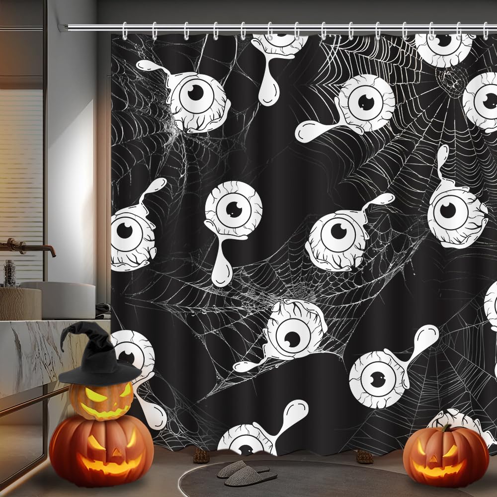 HIYOO Halloween Skull & Raven Shower Curtain - 60"x72" Waterproof Fabric, Horror Bathroom Decor With Hooks