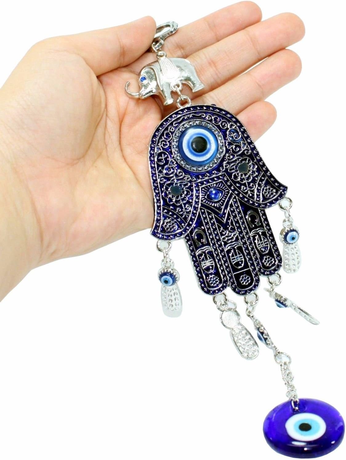 Turkish Blue Evil Eye 2.5" Hamsa Hand Elephant Amulet Wall Protection Hanging
