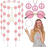 GZJINYUAN 6 Pcs Hippie Costume Accessories Set, Flower Hippie Headband Boho Peace Sign Necklace Earrings Sunglasses Bracelet