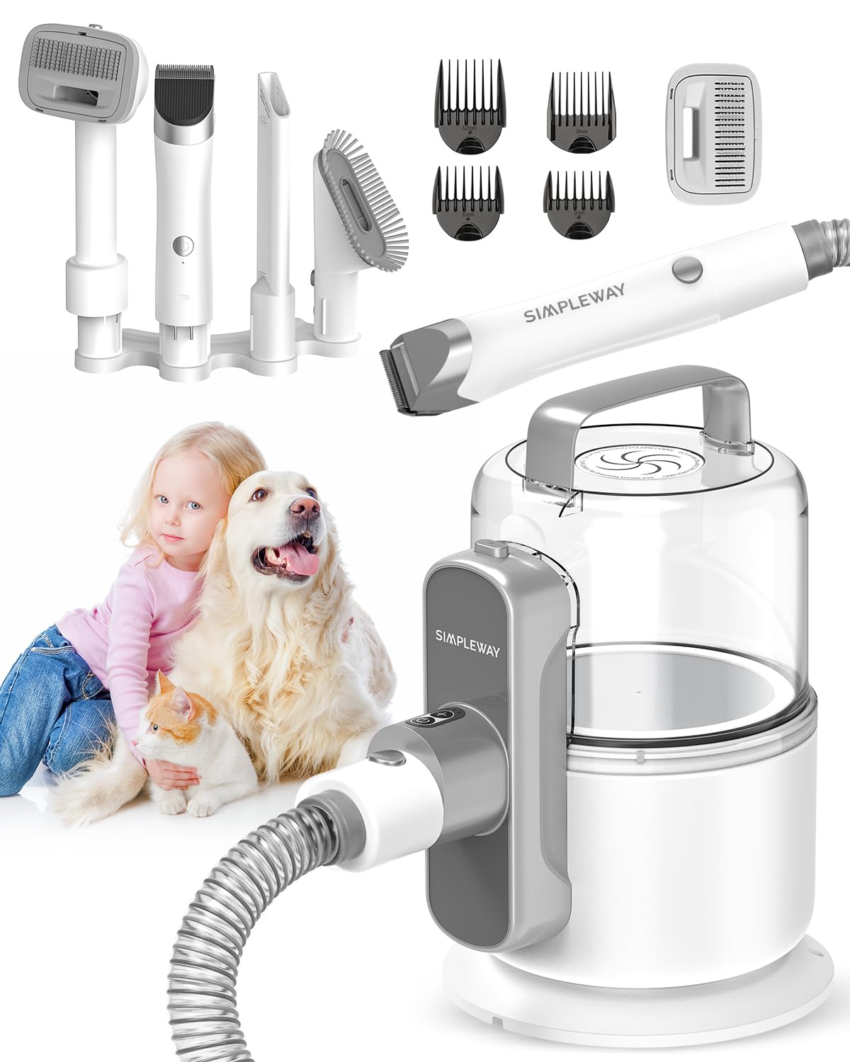 Photo 1 of Dog Vacuum Grooming Kit for Shedding: Professional Hair Clippers Pet Groomer - Strong Suction Cleaner Deshedding Tool Fur Brush Attachment Trimmer for Home Cat (Pale White)