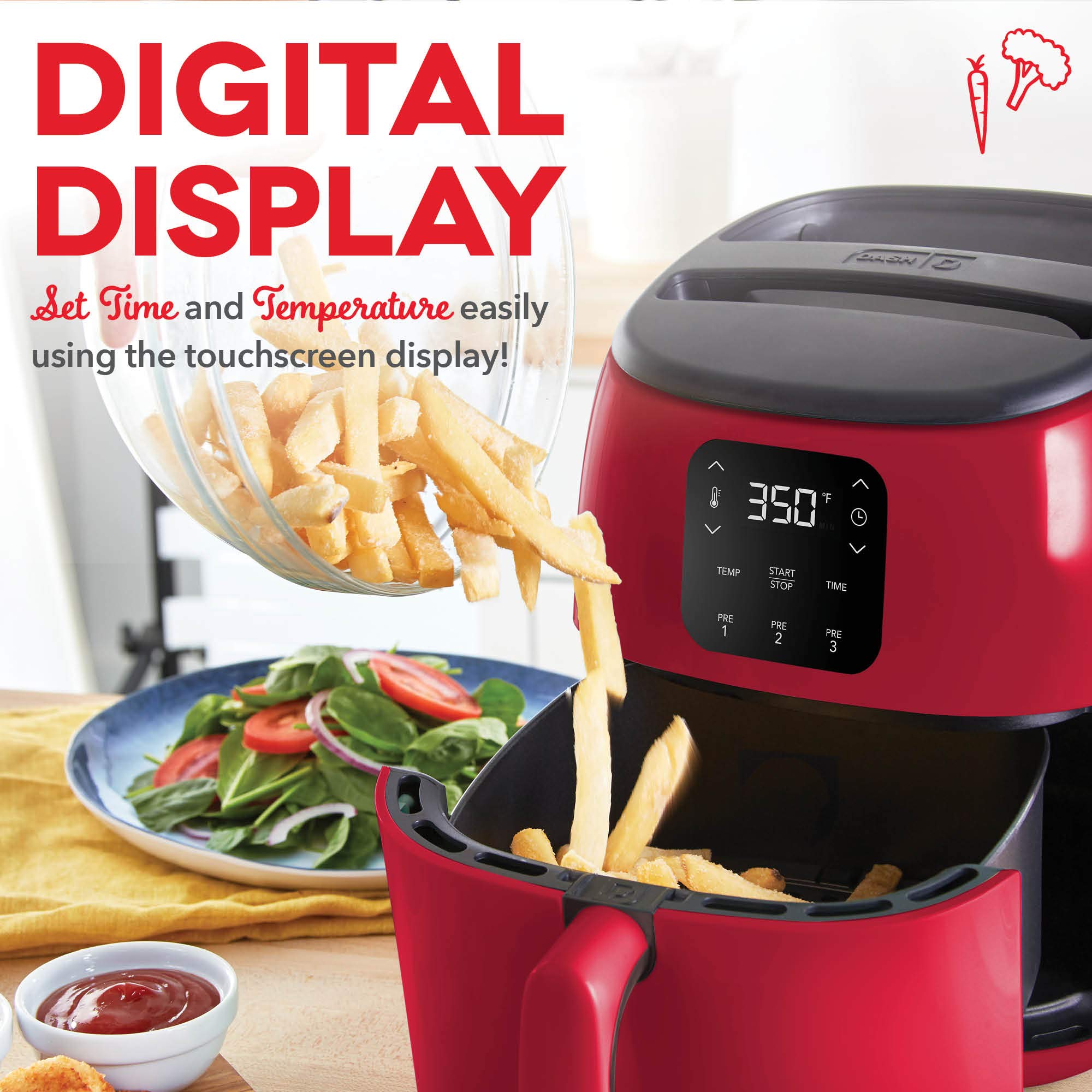 Freidora de aire eléctrica DASH Tasti-Crisp™, 2.6 cuartos, roja - Freidora de aire compacta para alimentos más saludables en minutos, ideal para espacios pequeños - Apagado automático, digital, 1000 vatios