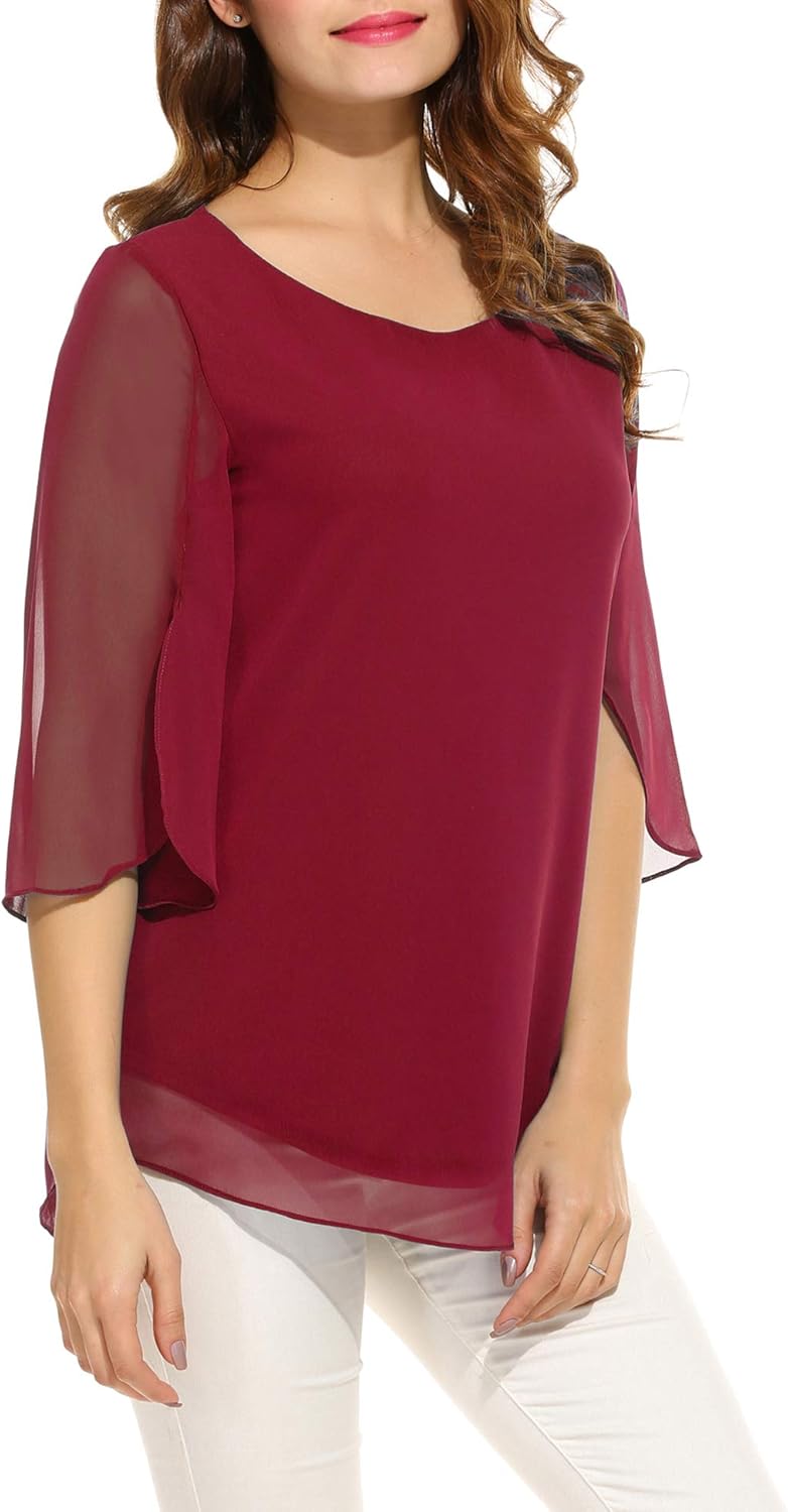 ACEVOG Womens Casual Scoop Neck Loose Top 3/4 Sleeve Chiffon Blouse Shirt Tops: Clothing