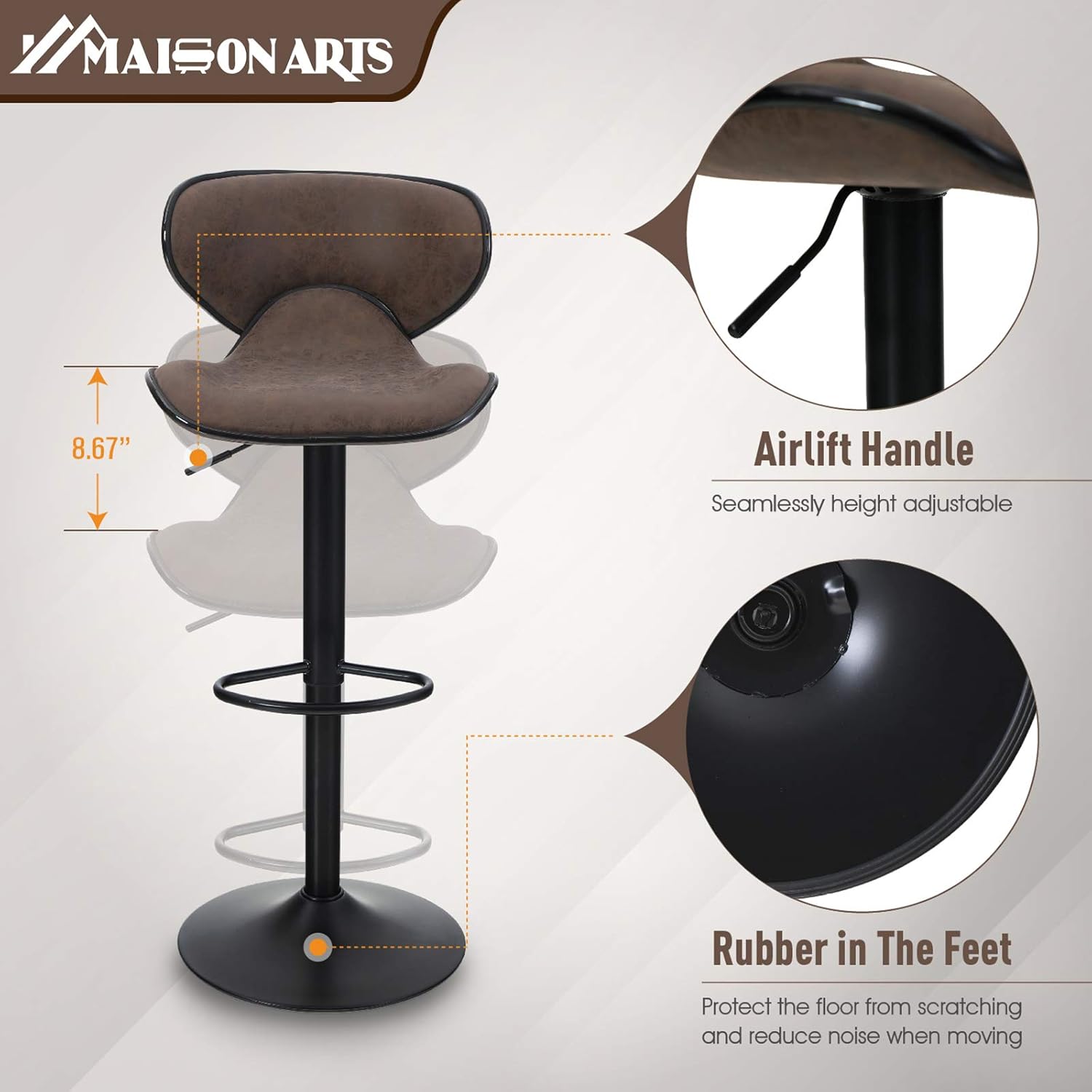 MAISON ARTS Counter Height Bar Stools Set of 2 Swivel Adjustable Barstools with Back for Kitchen Counter Tall Bar Height Chairs Faux Leather High Stools for Kitchen Island,300 LBS Bear Capacity,Brown: Kitchen & Dining