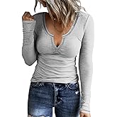 KINLONSAIR Women Casual Long Sleeve Tunic V-Neck Slim Fit T Shirts Basic Tee Tops Crew Neck Ribbed Knit Solid Shirt
