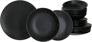 MamboCat Lampart Nero 18-TLG. Teller-Set I Geschirr-Set schwarz für 6 Personen - im modernen Ethno-Stil I Steingut-Teller schwarz matt I Essteller Suppenteller Kuchenteller I Teller-Service 18 Teile