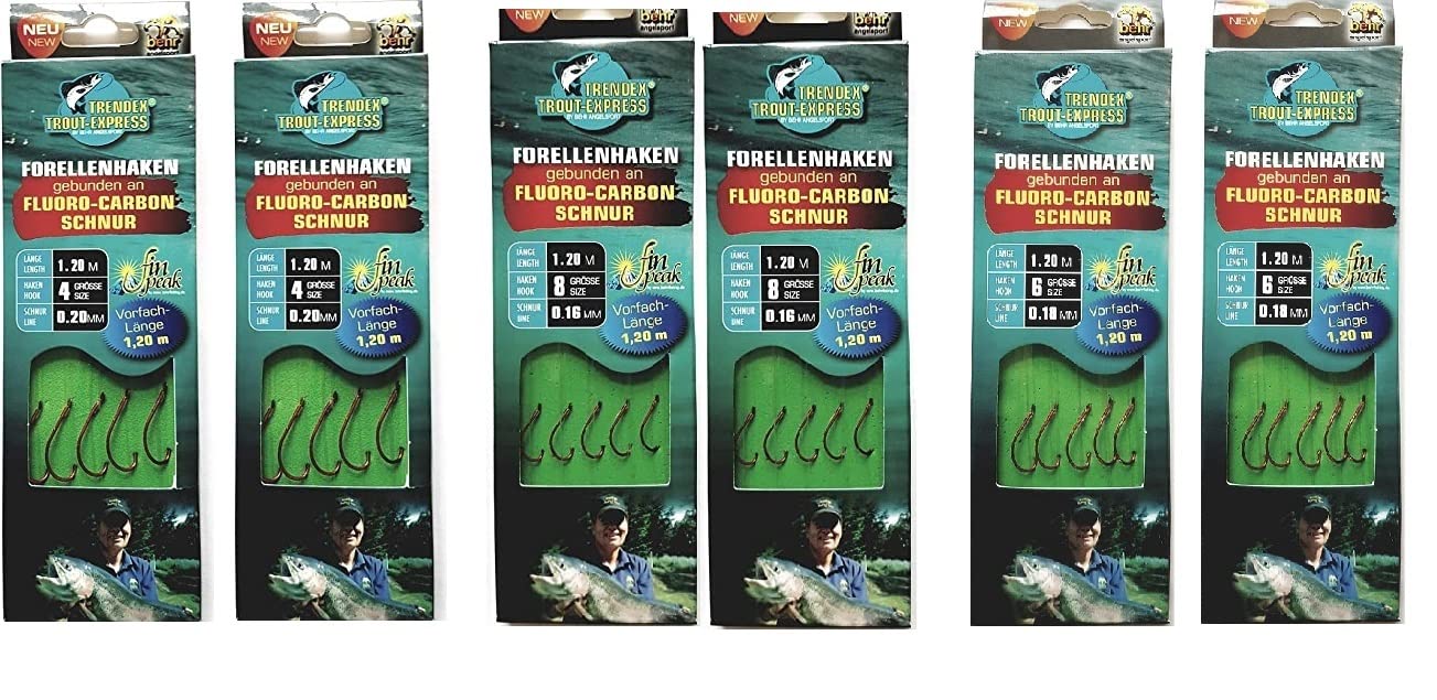 Set: 2-6 packs of tied trout hooks (10-30 pieces) on fluoro-carbon line, hook size 4, 6 & 8 by Behr (mix. 2 packs size 4, 2 packs size 6 & 2 pack size 6 & 2 pack Pack size 8 )