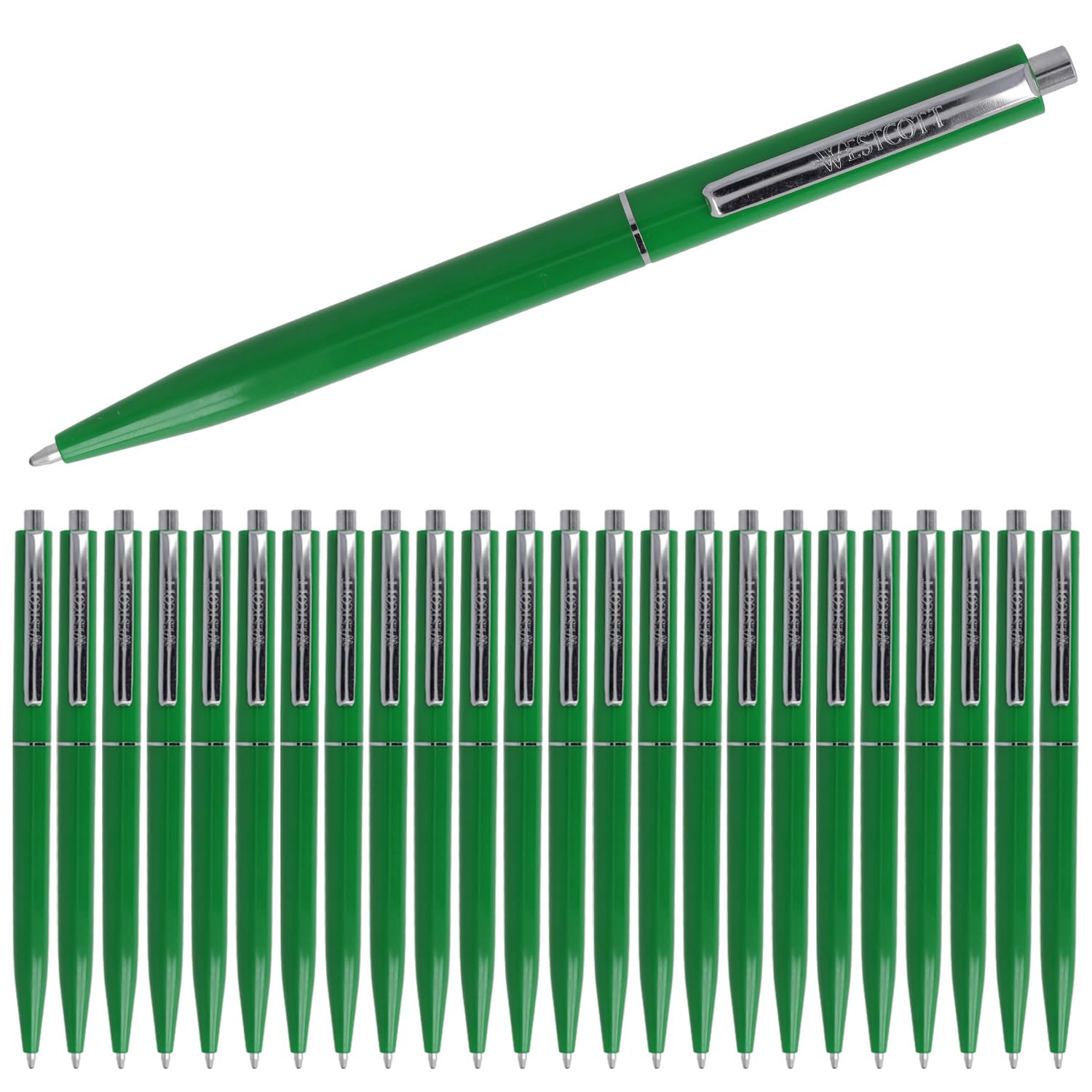 Westcott ballpoint pen ALLTIME green 25 pieces | Retractable biro pens with green ink | Line width M with X20 standard refill | Document-proof ISO 12757-2 | Sturdy metal clip | E-737463 00