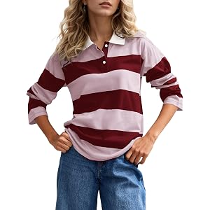 Eutten Women’s Striped Rugby Shirt Long Sleeve Color Block Polo Shirts Lapel Button Collar V Neck Casual Blouse Tops