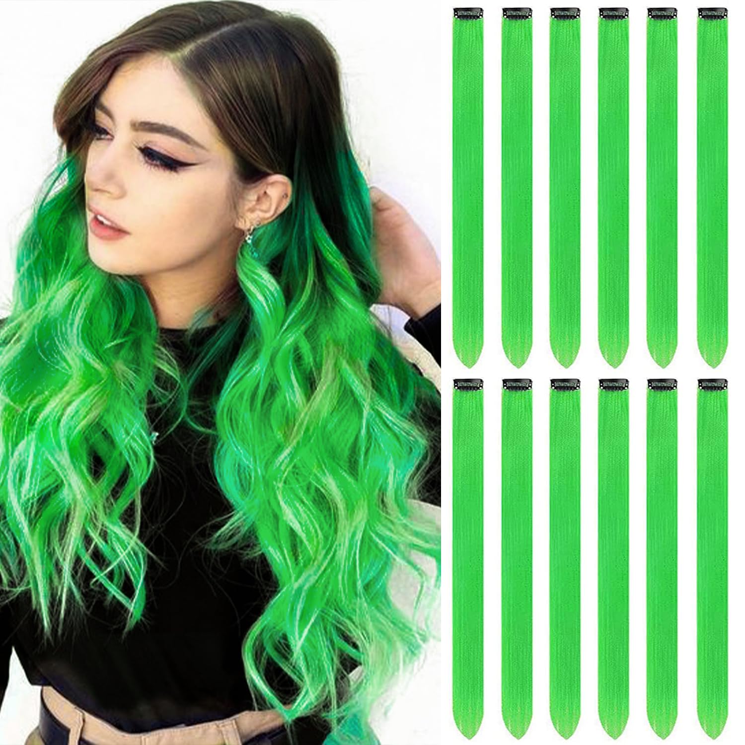 Photo 1 of GPOVVIMX 12 PCS Green Hair Extensions Clip in, Colored Party Highlights Extension for Kids Girls Synthetic Hairpiece Straight 22 inch