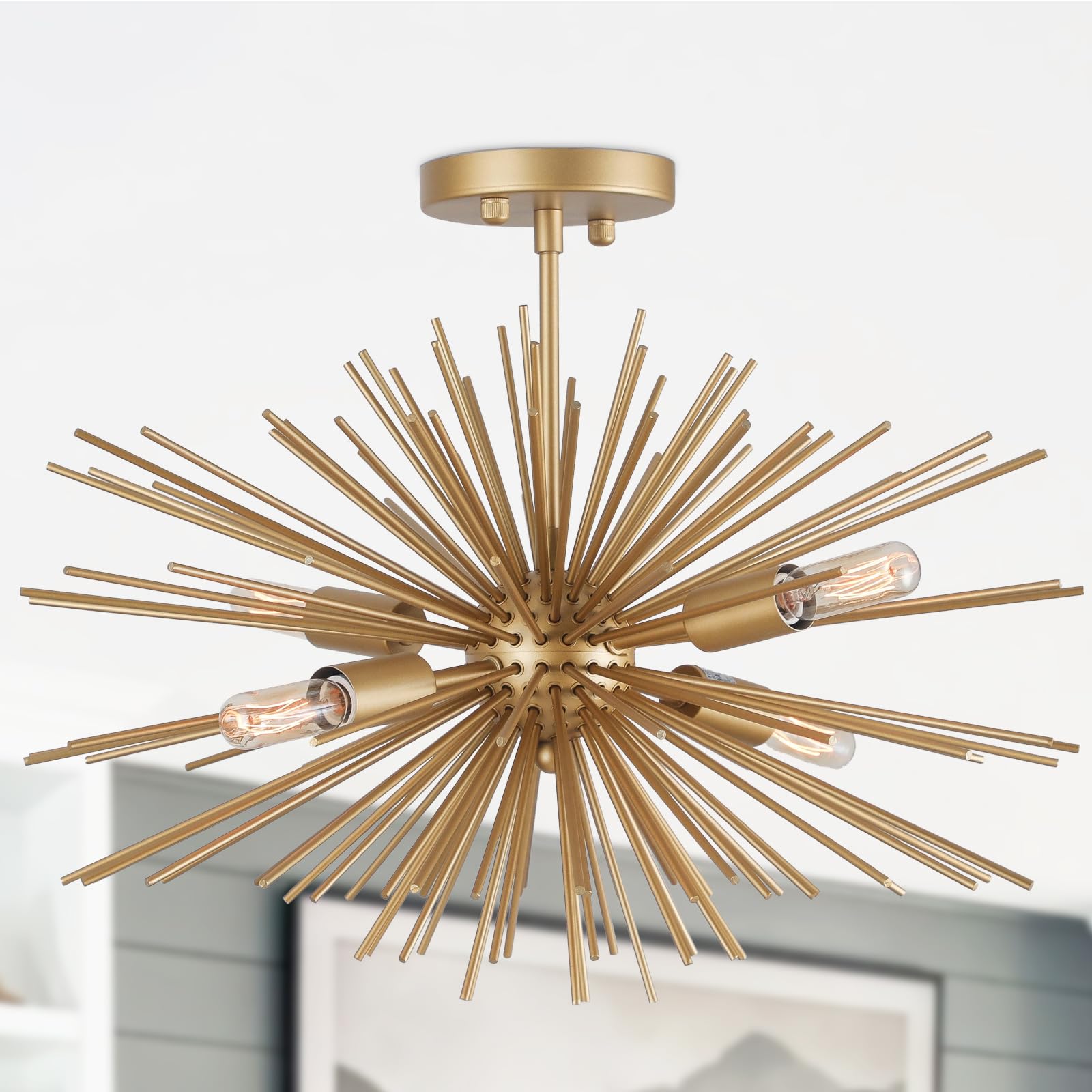 Photo 1 of ZIRALIO Modern 20" Gold Sputnik Light Fixture 4-Light Modern Semi Flush Mount Ceiling Light Solid Metal Golden Starburst Sputnik Chandelier for Dining Room, Bedroom, Kitchen, Laundry Room, Foyer