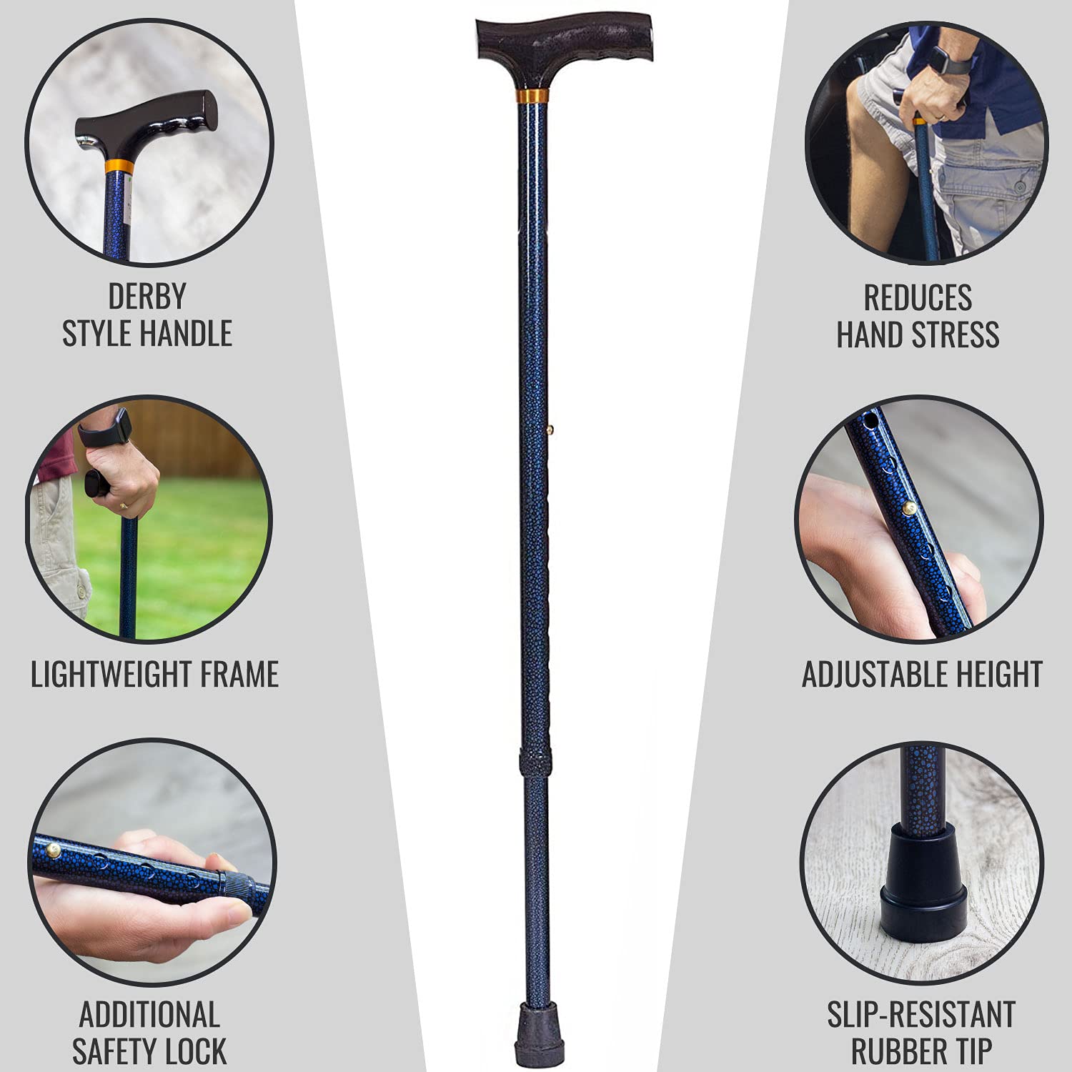 DMI Lightweight Aluminum Adjustable Walking Cane with Derby-Top Handle for Men and Women