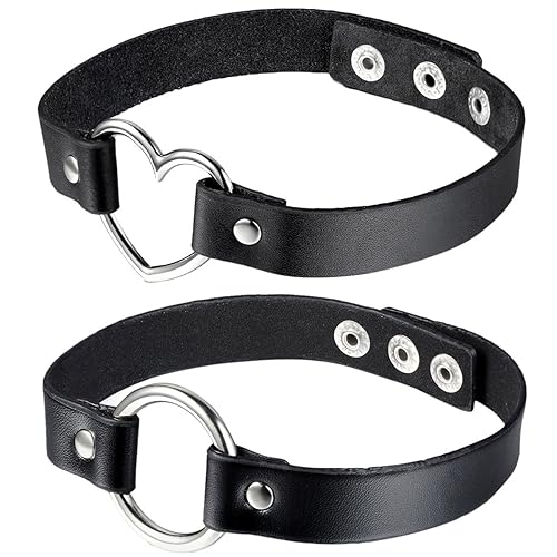 Oidea Damen Herren Lederhalsband Choker(2PCS), Punk Rock Lederkette Halskette Halsband mit Kreis Herz - from Anhänger Druckkn