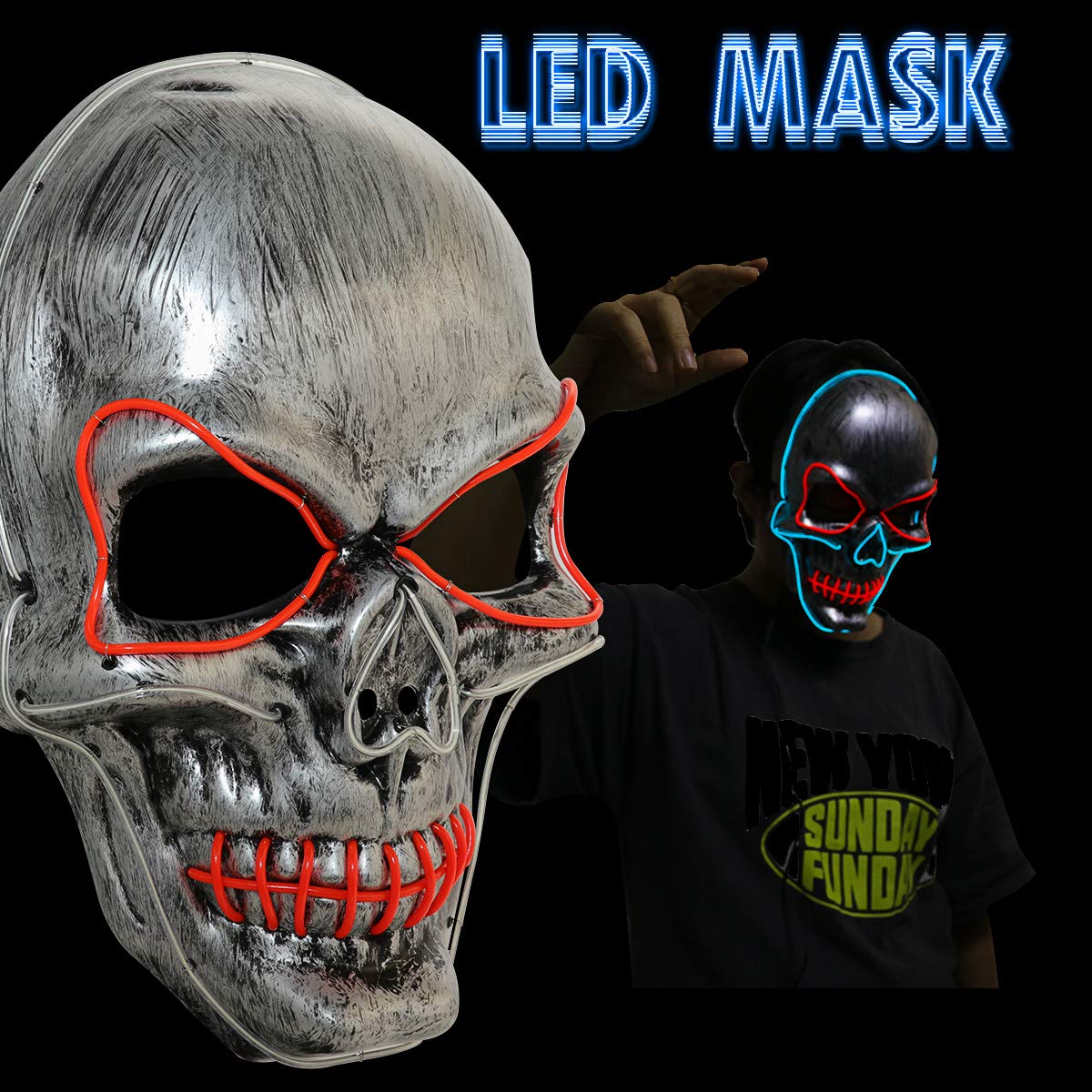 Halloween Scary Mask Cosplay Skull Led Costume Mask EL Wire Light up for Halloween Festival Party