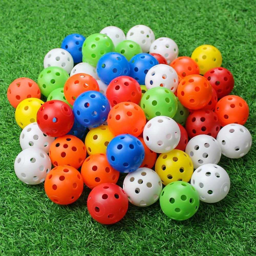 KOFULL 50 PCS Practice Golf Balls Plastic Golf Balls With Hole Golf Colorful Perforated Plastic Balls for Swing Practice, Driving Range, Home Use 42mm multicolor