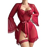 Avidlove Women Sexy Lingerie Set 2 Piece Sheer Kimono Robe with Lace Teddy Lingerie Bodysuit
