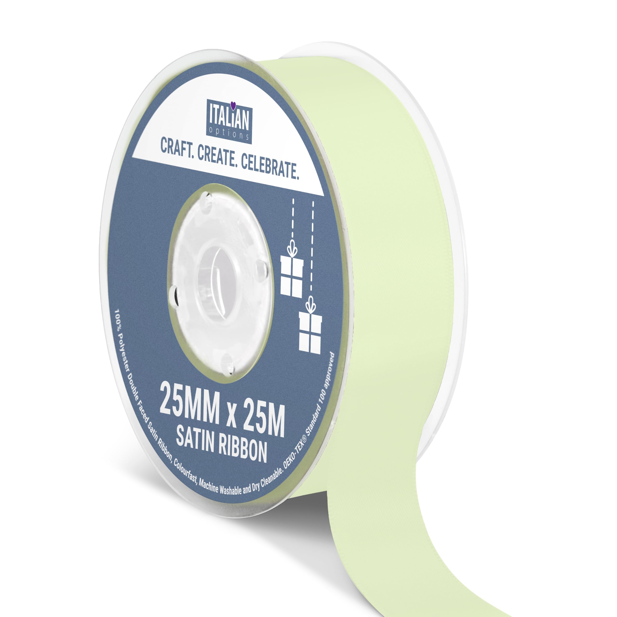 Italian Options Satin Ribbon, Fabric Ribbons for Gift Wrapping, Crafting, Balloons, Wedding Car, Presents, Cake, Christmas, Birthday, Gift Wrap Accessories, 25mm Wide x 25 Metre Roll, Light Green