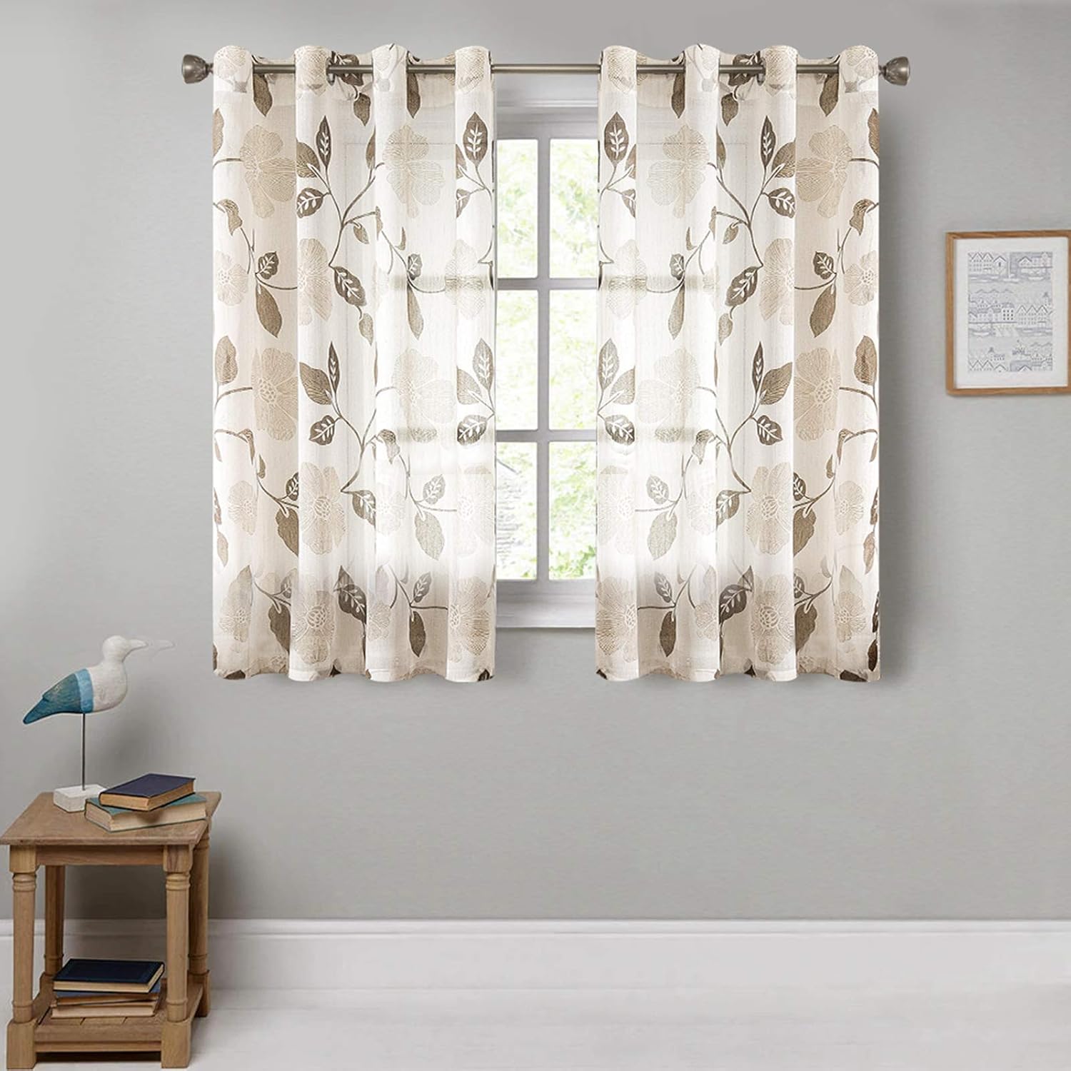 Sheer Curtains Floral Printed Linen Textured Curtain Sheers