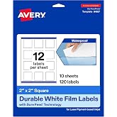 Avery Printable Durable White Square Labels, Sure Feed Technology, 2" x 2", Print-to-the-Edge, Waterproof Labels, Laser &amp; Pigment-Based Inkjet Compatible, 120 Total