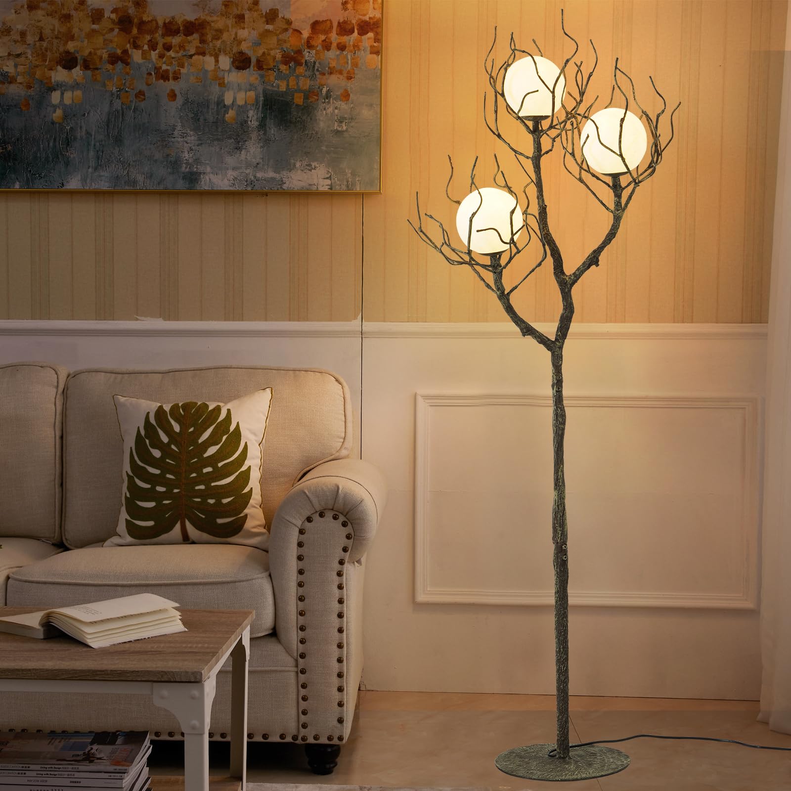 Photo 1 of eccuslon Unique Floor Lamp for Living Room - Tree Trunk Design with 3 Moon Lights, Wood Grain Resin & Metal Base for Farmhouse, Bedroom and Office(63 Inch)