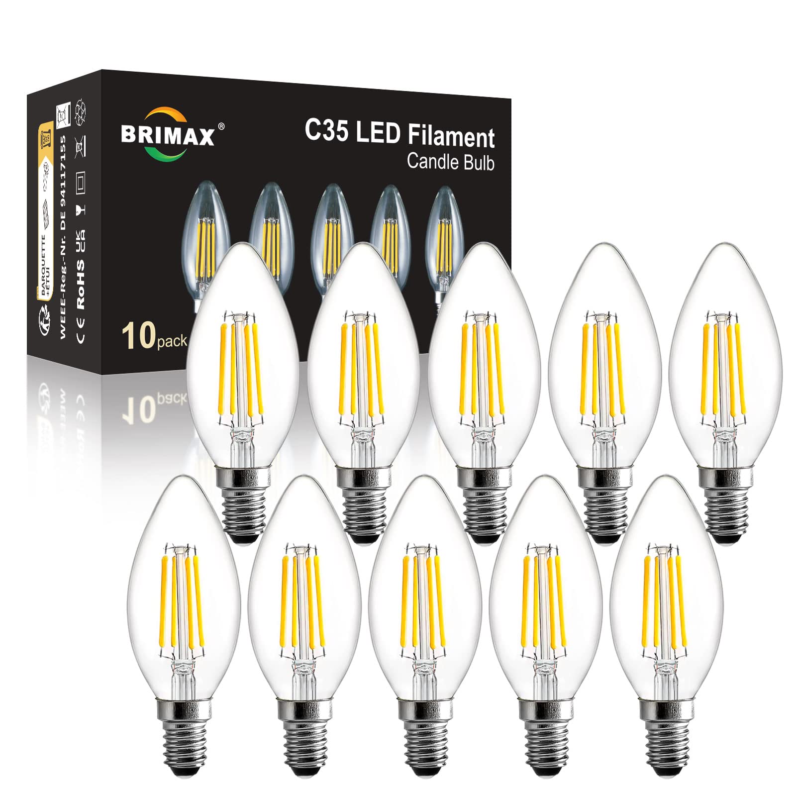 BRIMAX E14 LED Candle Bulbs Dimmable 4W, 40W Equivalent, Soft Warm White 2700K, Small Edison Screw SES Chandelier Bulbs, C35 Vintage Filament Energy Saving Candelabra Bulb, 10Pack — image 1