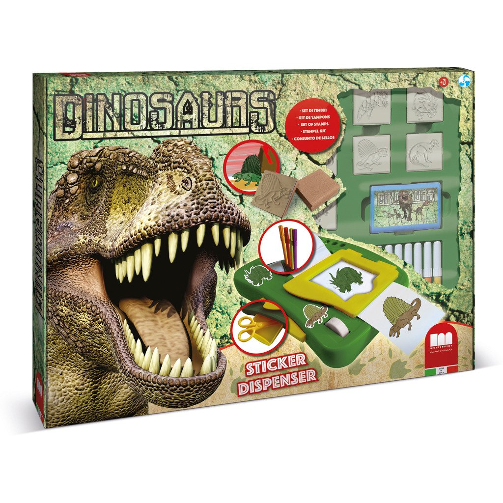 Multiprint Stickers Machine Dinosauri, Made in Italy, 7 Stamps, Album with Pens, Stamps for Children, in Wood and Natural Rubber, Non-toxic Washable Ink, Gift Idea, art.08220