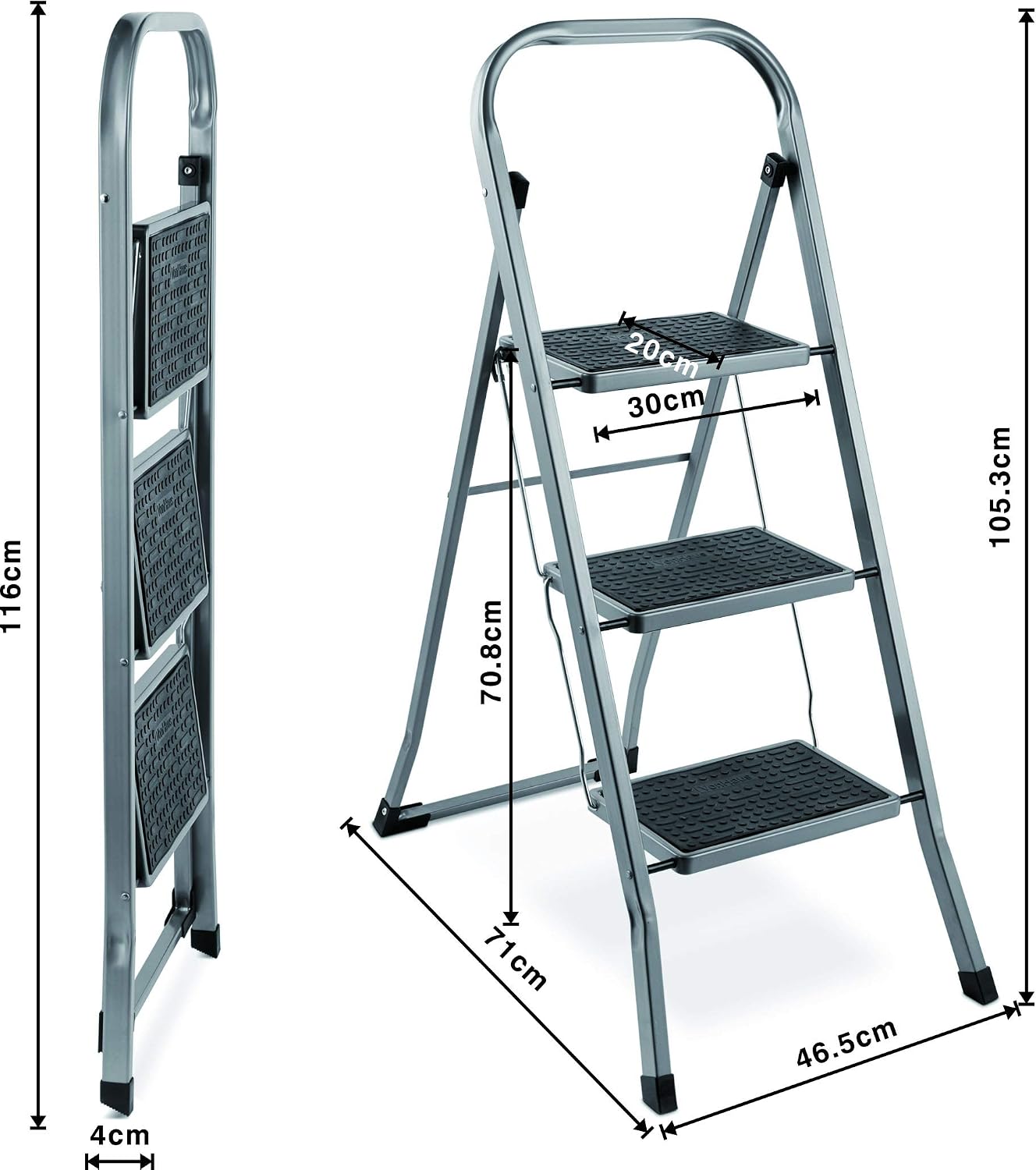 VonHaus 3 Step Ladder, Premium Quality Folding Step Ladder for DIY and Gardening, Anti Slip Feet, Easy to Store Ladder - Image 3