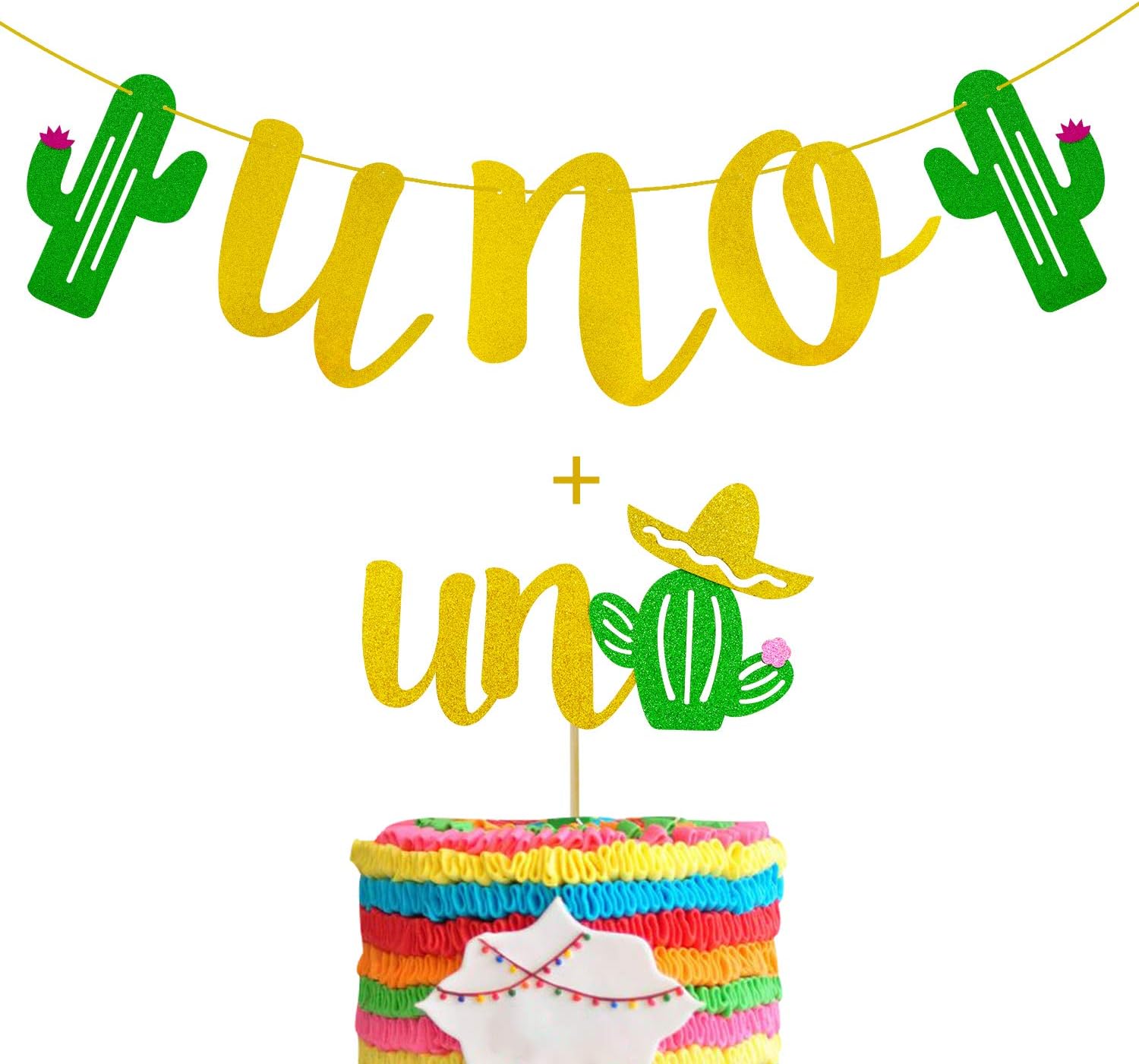UNO Cactus Banner with Uno Cactus Cake Topper for First Fiesta Birthday Mexican Tropical Taco Party Supplies Gold Glitter Decorations