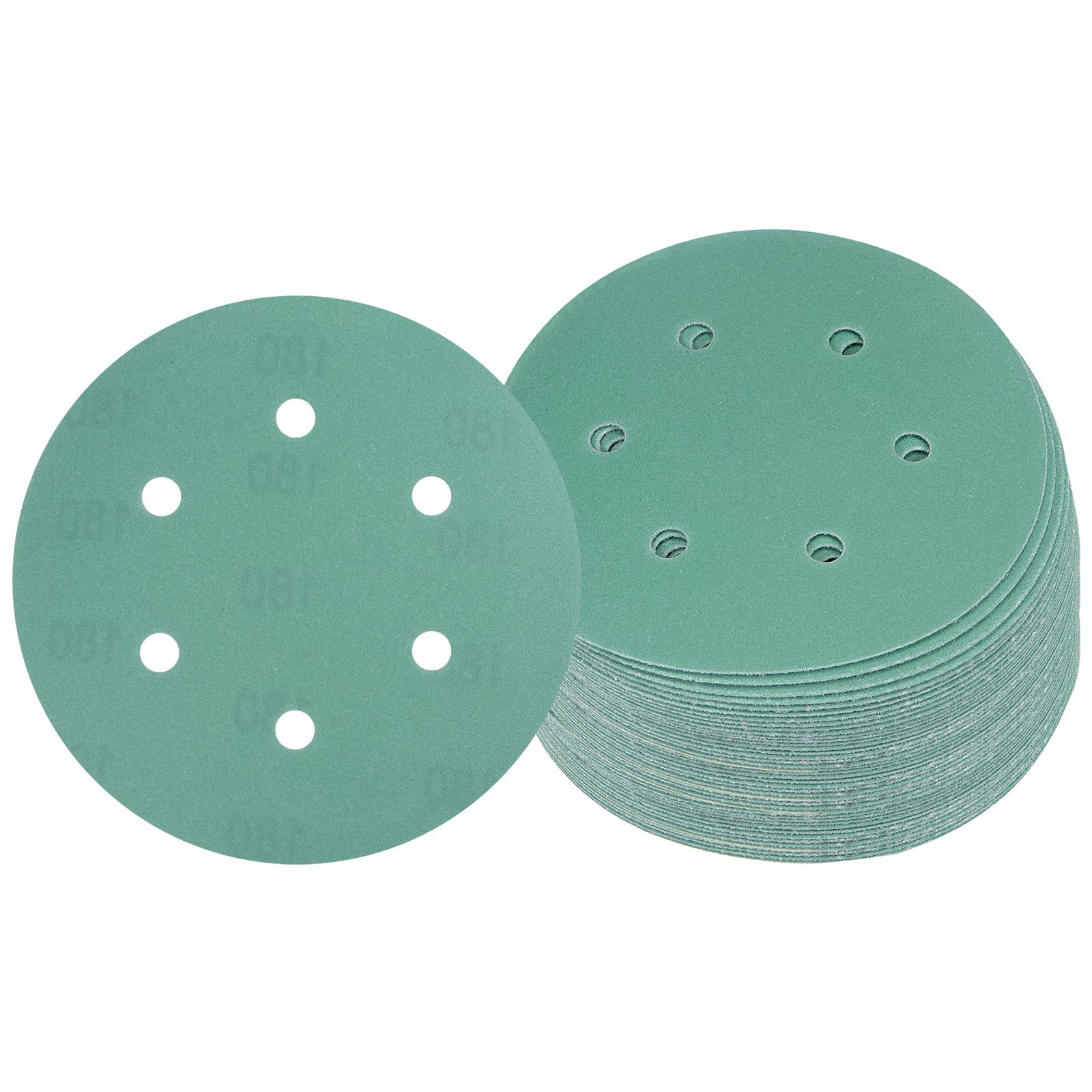 Kozelo 50pcs Green Film Sanding Discs - [6 Inch 180 Grits 6 Hole ] Round Aluminum Oxide Hook & Loop Wet Dry Sander Pads for Wood Metal Polishing Use| Zirconium Corundum Sandpaper