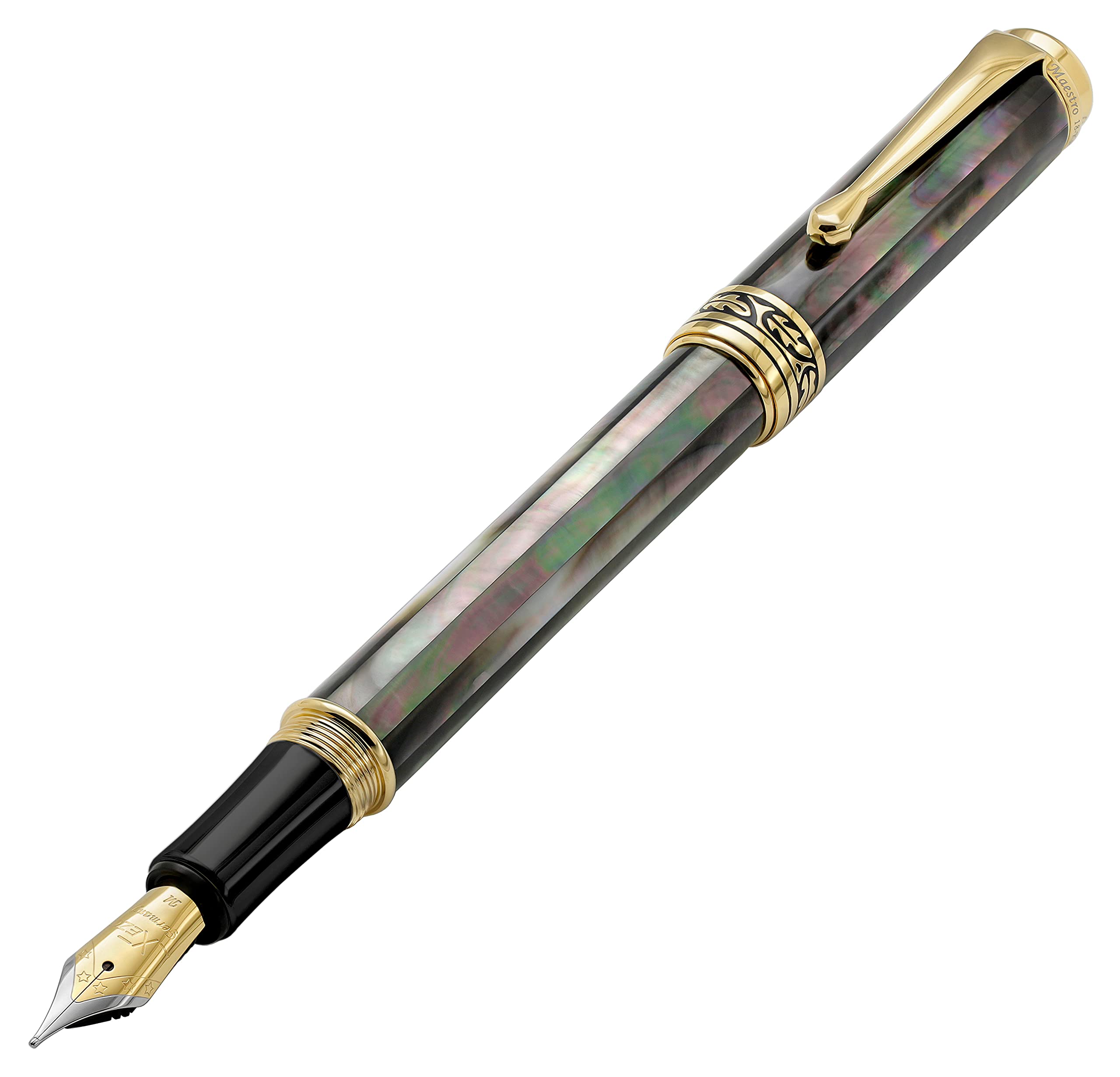 Xezo Maestro Fountain Pen, Medium Nib. Handcrafted from Oceanic Tahitian Black Mother of Pearl. 18-Karat Gold Plated. Serialized, Iridescent, No Two Alike