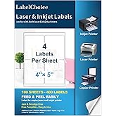 Labelchoice 100 Sheets 400 Pcs 4"x5" 4 Up Shipping Address Labels for Laser & Inkjet Printers, Permanent Adhesive 4 per Page Shipping Labels, 4 to a Page Labels, 4 Stickers per Sheet