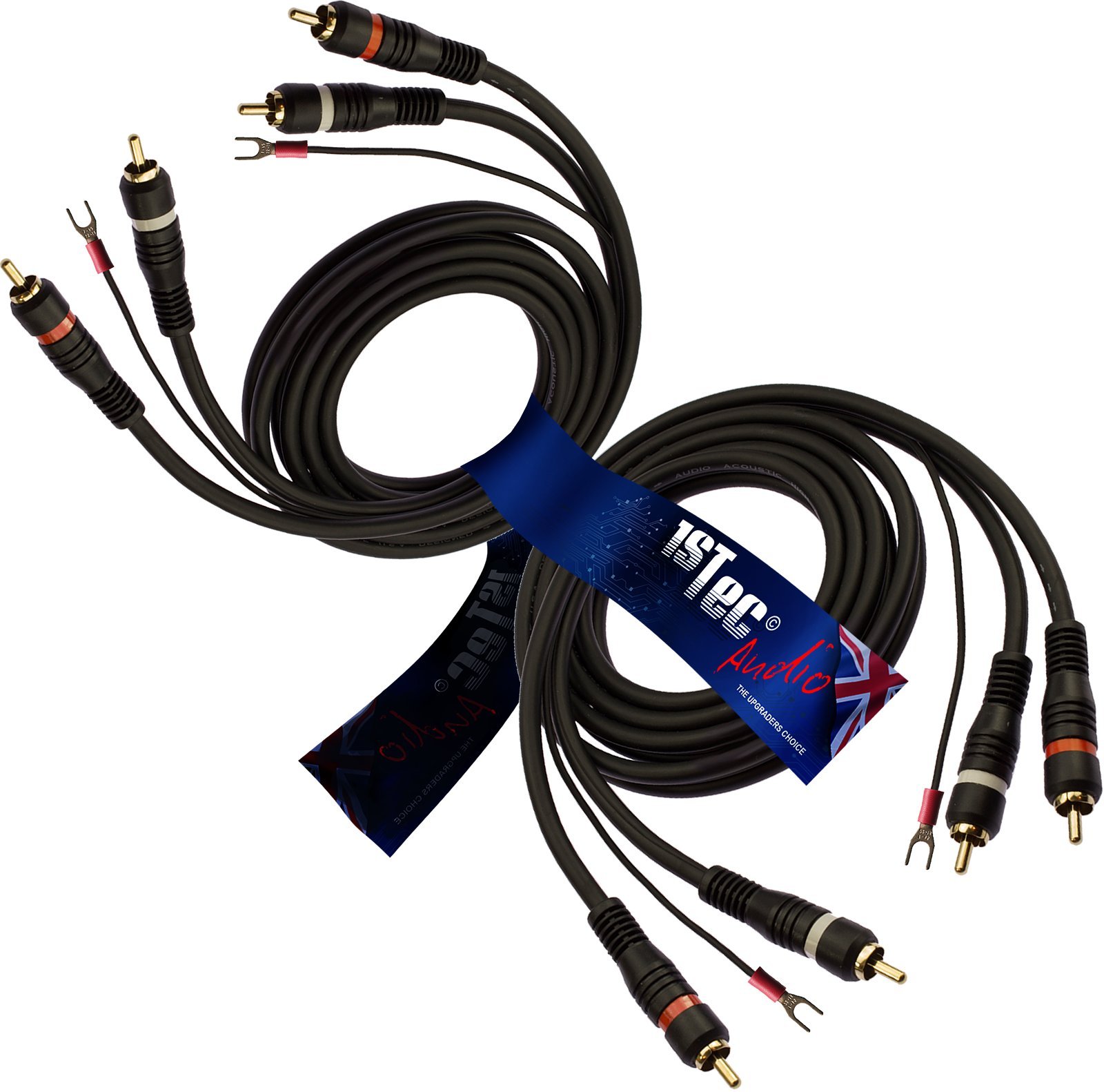 1STec 2 x Record Player Cable with Earth to Ground Wire to stop Feedback Humming or Buzzing (2 x 1.5 Metre, Full RCA + Earth Cable)