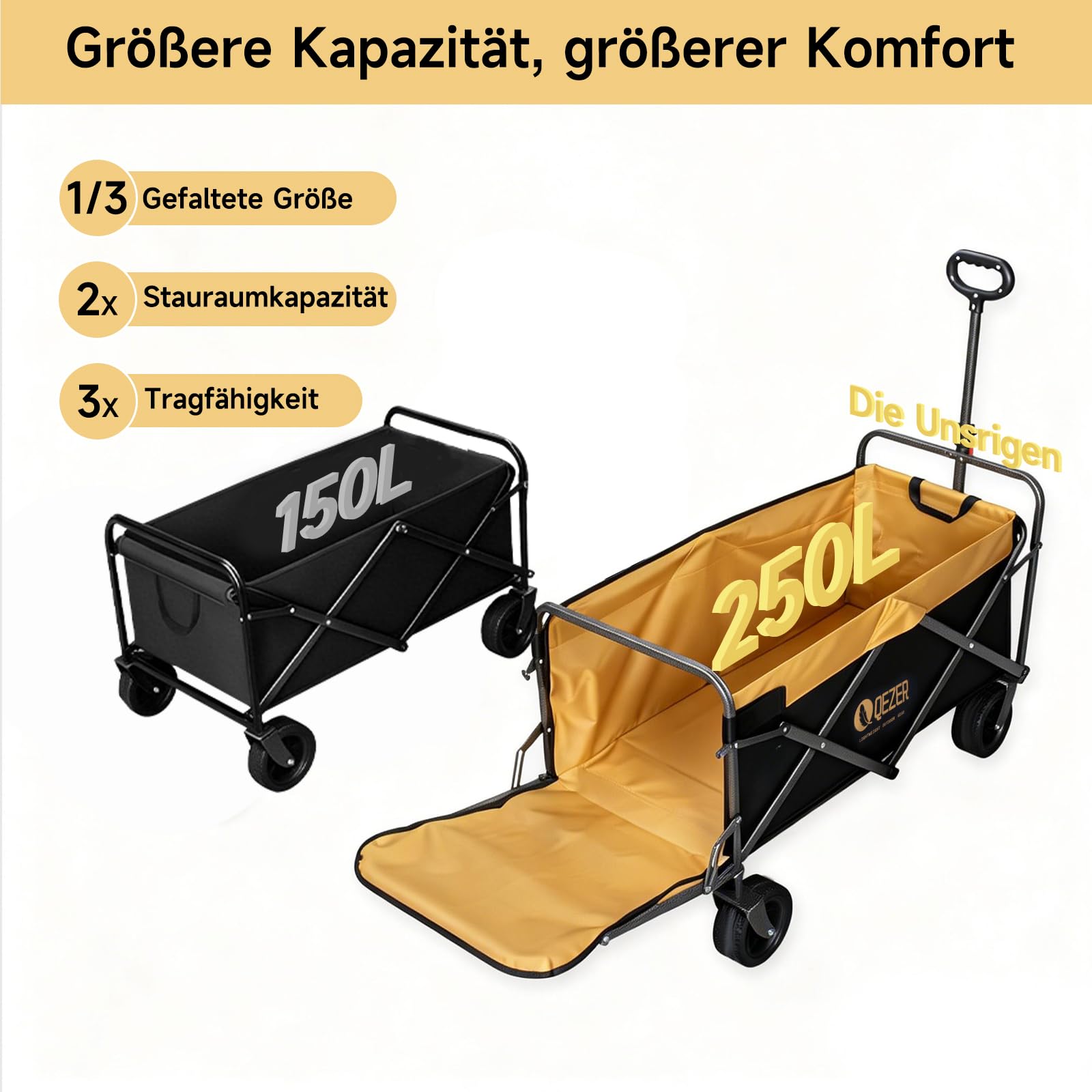 QEZER Bollerwagen faltbar,Tragfähigkeit 210 kg, Multifunktionaler Faltwagen mit geländegängigen Rädern, tragbar für Camping, Garten, Einkaufen und Strand 4