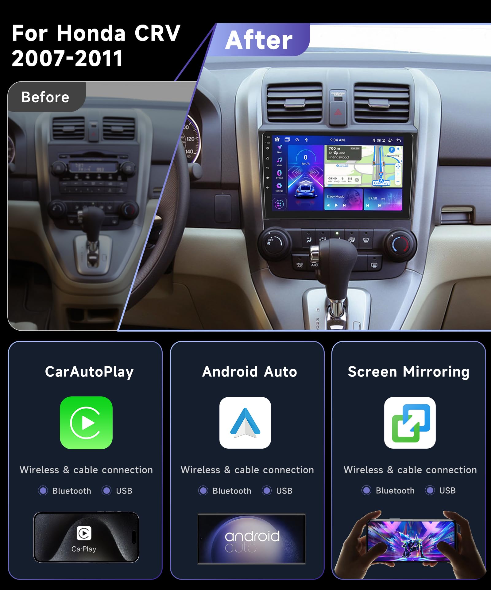 8Core 6G+128G Radio for Honda CRV 2007-2011Car Stereo with 9inch 1280X720P IPS Touchscreen Wireless CarPlay Android Auto 5.0Bluetooth GPS RDS/FM 46EQ DSP 59UIs MirrorLink 5GhzWiFi AHD Backup Camera