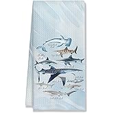HUGANE Shark Towels, Species of Sharks Decorative Hand Towels, Coastal Beach Kitchen Dish Towels, Shark Bathroom Decor, Beach Kitchen Decor, 16x24 Inches