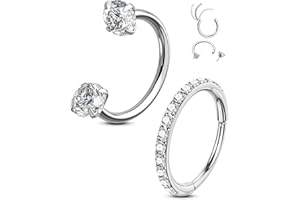 OUFER 2PCS Nose Rings Hoops, 20g Double Gem Horseshoe Threadless Nose Rings for Women, Septum Clicker Daith Tragus Helix Rook Eyebrow Lip Piercing Jewelry