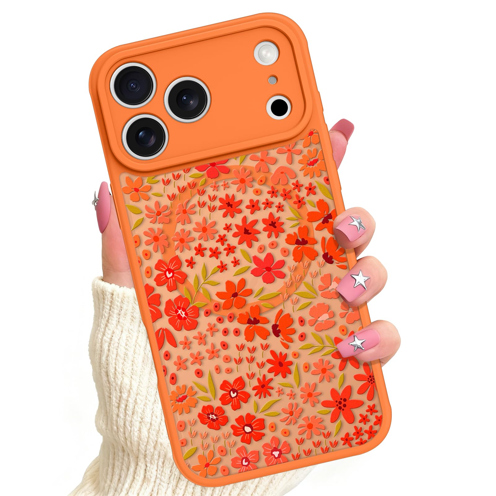 MOWIME Magnetic Case for iPhone 17 Pro Max, Compatible with Magsafe, Cute Floral Flower Aesthetic Design Phone Case for Women Girls Soft TPU Bumper Hard PC Back Translucent Slim Matte Cover, Orange
