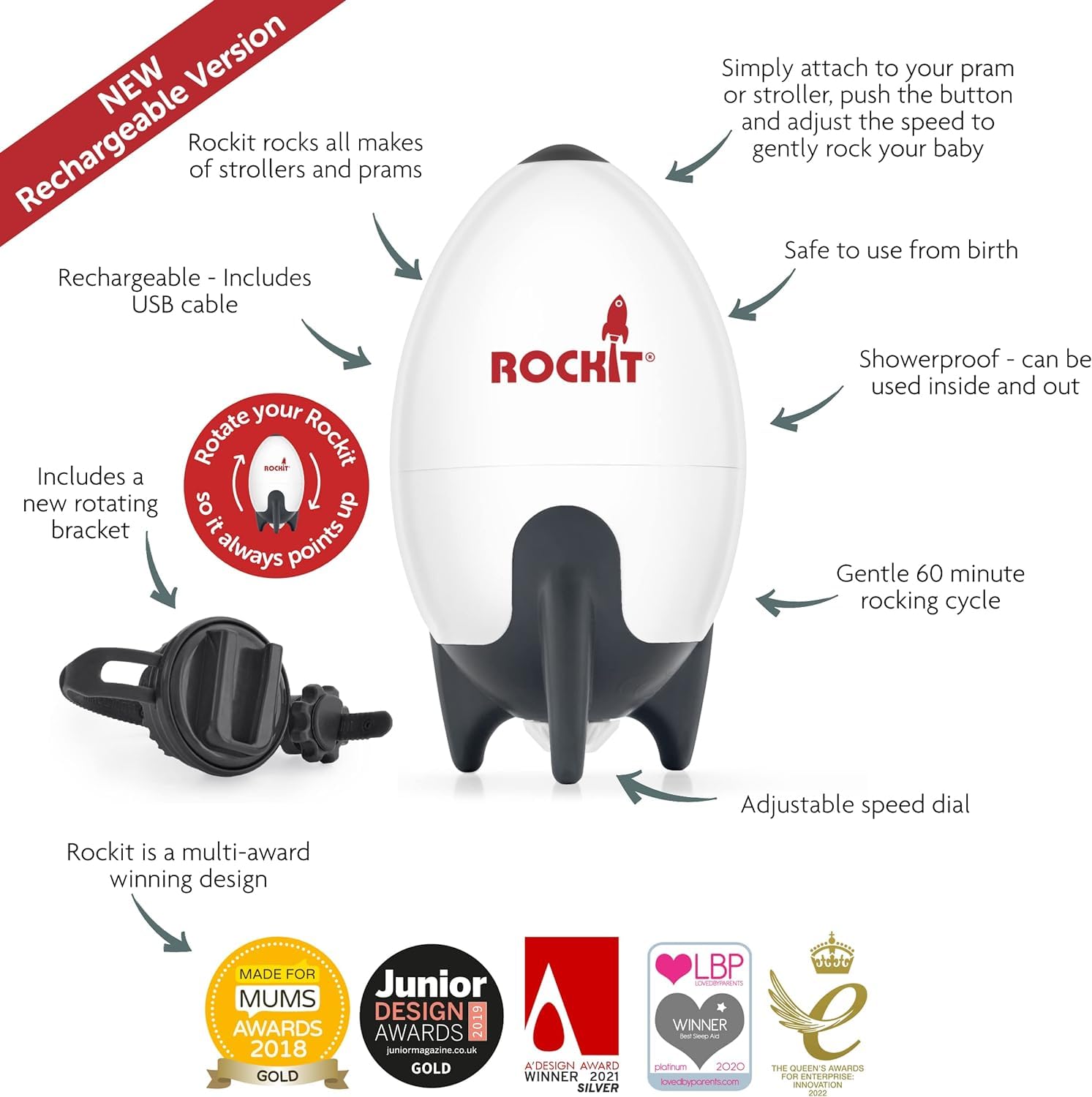 Rockit Baby Rocker USB Rechargeable - Hands-Free Portable Rocker Sleep Aid Soother Gently Rocks Stroller or Buggy - Adjustable Speed 60-Min Timer - Fits Pushchairs & Prams Creates Automatic Bouncer