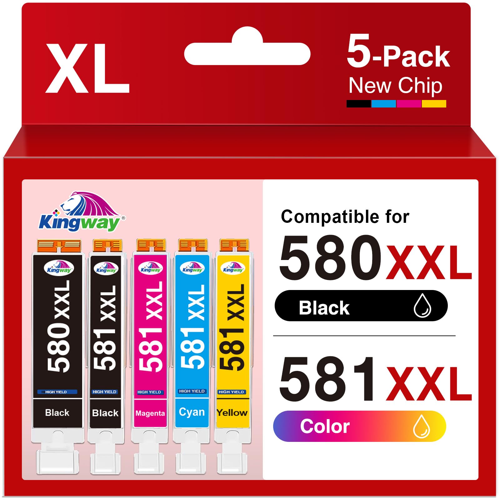 KINGWAY 580XXL 581XXL Ink Cartridges Replacement for Canon 580 & 581 Ink Cartridges Compatible with Pixma TS705 TR8550 TR7550 TS6150 TS6151 TS6250 TS6251 TS6350 TS8350 TS8351 TS9550 TS8352, 5 Pack