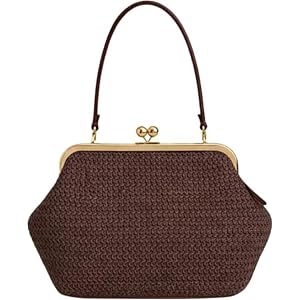 Kiss-lock Bag for Women Large Woven Purse Retro Top Handle Handbag Kiss Clasp Shoulder Bag Tote Purse Satchel