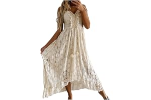 PEJOCK Women's Lace Up Dresses Boho Tassel V-Neck Spaghetti Strap Long Dress Summer Lace Crochet Flowy Cami Beach Sundress