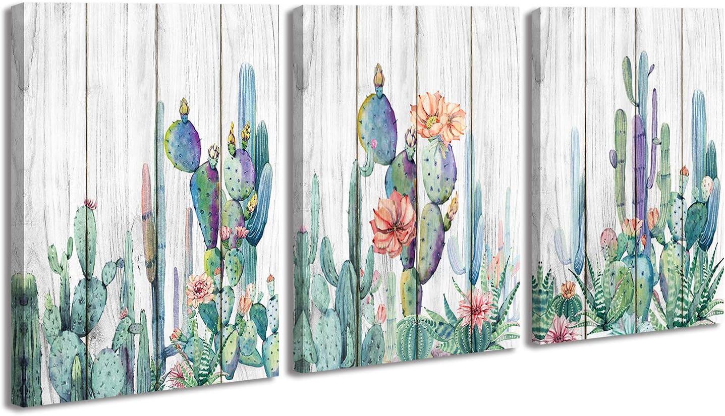 Mexico Cactus Wall Art Picture Watercolor Painting Room Decor for Bedroom Living Room Office Home Wall Decorations, Aesthetic Tropical Green Plants on Wood Background Flowers Posters Murals Canvas Prints Artwork 12