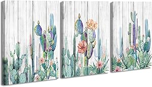 Mexico Cactus Wall Art Picture Watercolor Painting Room Decor for Bedroom Living Room Office Home Wall Decorations, Aesthetic Tropical Green Plants on Wood Background Flowers Posters Murals Canvas Prints Artwork 12