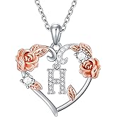 AOBOCO Rose Heart Necklaces Christmas Gifts for Women, 925 Sterling Silver Rose Love Heart Initial Letter Pendant Necklace Jewelry Mothers Day Lover Birthday Gifts for Her Mom Wife Girlfriend