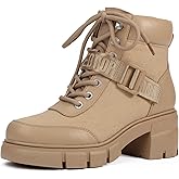REDTOP Women's Combat Boots Chunky Lug Sole Ankle Boots Lace Up Buckle Casual Shoes