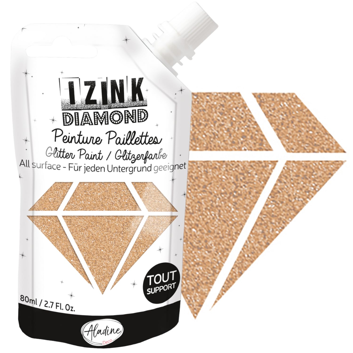 Aladine - Izink Diamond - Glitter Painting - Ultra Concentrated in Glitter - Decoration Any Support - DIY and Creative Leisure - Made in France - Soft Bottle 80 ml - Pastel Gold