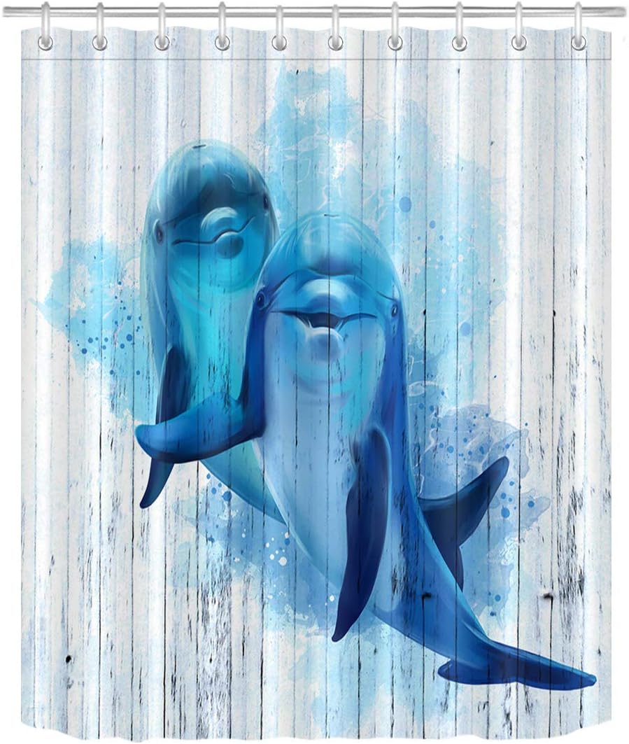 HVEST Dolphin Shower Curtain Cute Dolphin in Blue Ocean Marine Life on Rustic