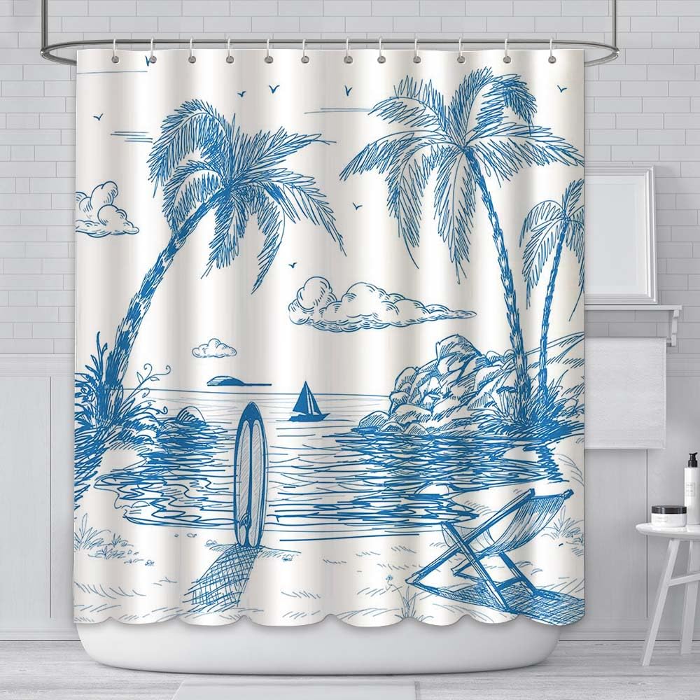 AIBIIN 180x180cm Surf Shower Curtain Retro Surfboard Tropical Palm Tree Theme Lounge Summer Beach Scene Chair Polyester Fabric Home Decor with 12 Hooks
