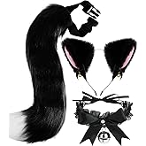 Cat Ears and Tail,Wolf Fox Ears Long Tail and Bell Lace Choker Set for Halloween,Animal Cosplay Party Costume