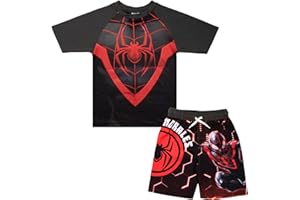 Marvel Boys Avengers Spiderman Black Panther Miles Morales 2-Piece Costume Swimsuit Set, Rash Guard & Swim Trunks for Boys